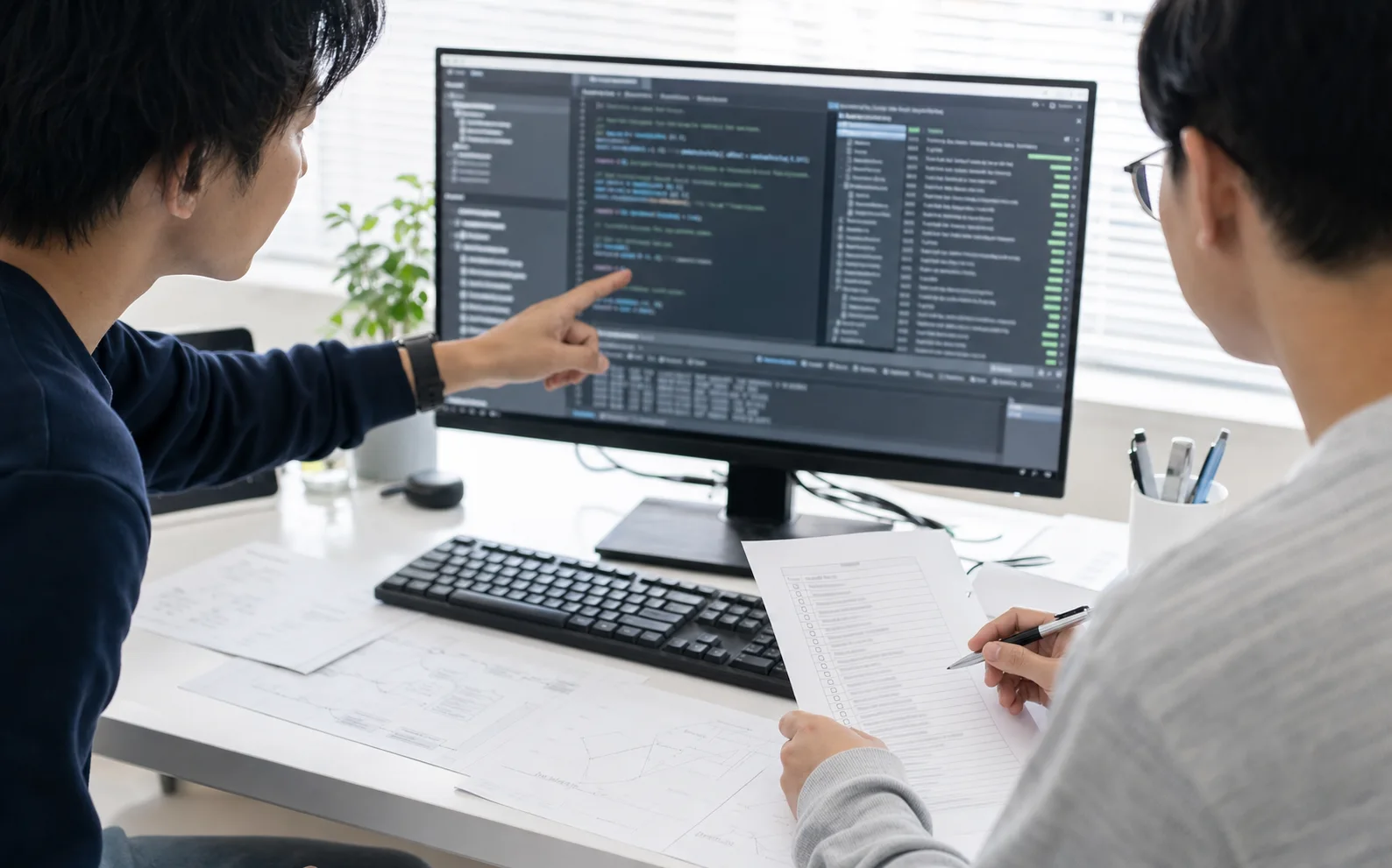 コードとテスト結果を人がレビューする開発現場のイメージ