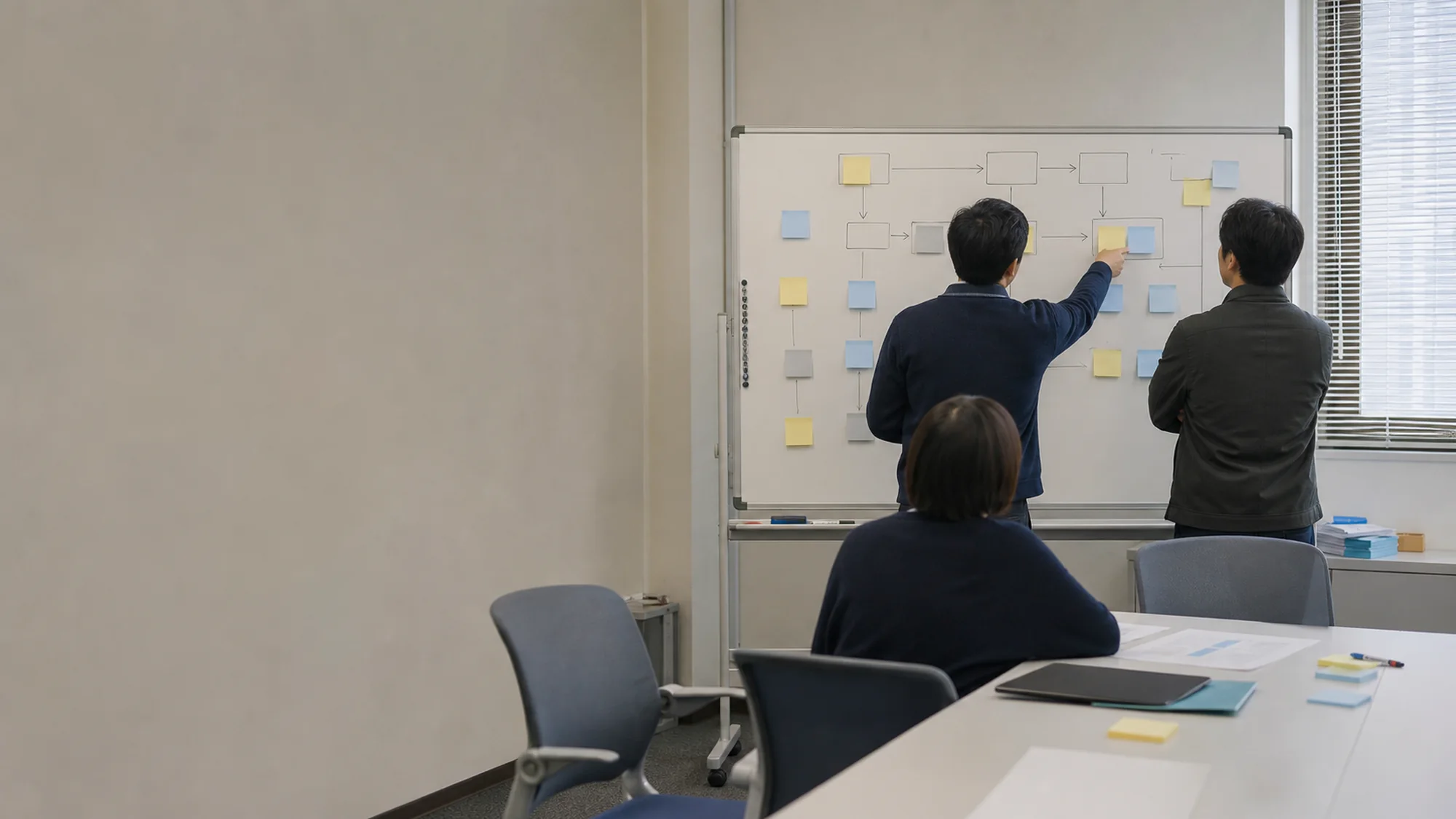 ホワイトボードで業務フローを整理するワークショップのイメージ